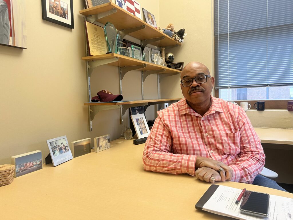 Dr. Amelious Whyte in his office in Johnston Hall in Minneapolis, Minn. on Monday, March 25, 2024. Whyte was named Interim Director of Diversity, Equity & Inclusion in the College of Liberal Arts in January 2024.